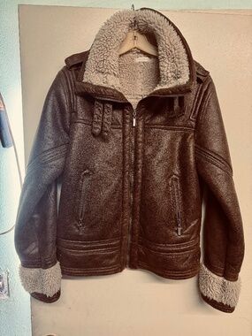 M.Fredric Dark Brown Bomber Jacket with White Wool Cuffs and Inner Lining